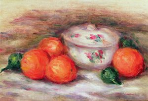 Nature morte avec un plat couvert et des oranges